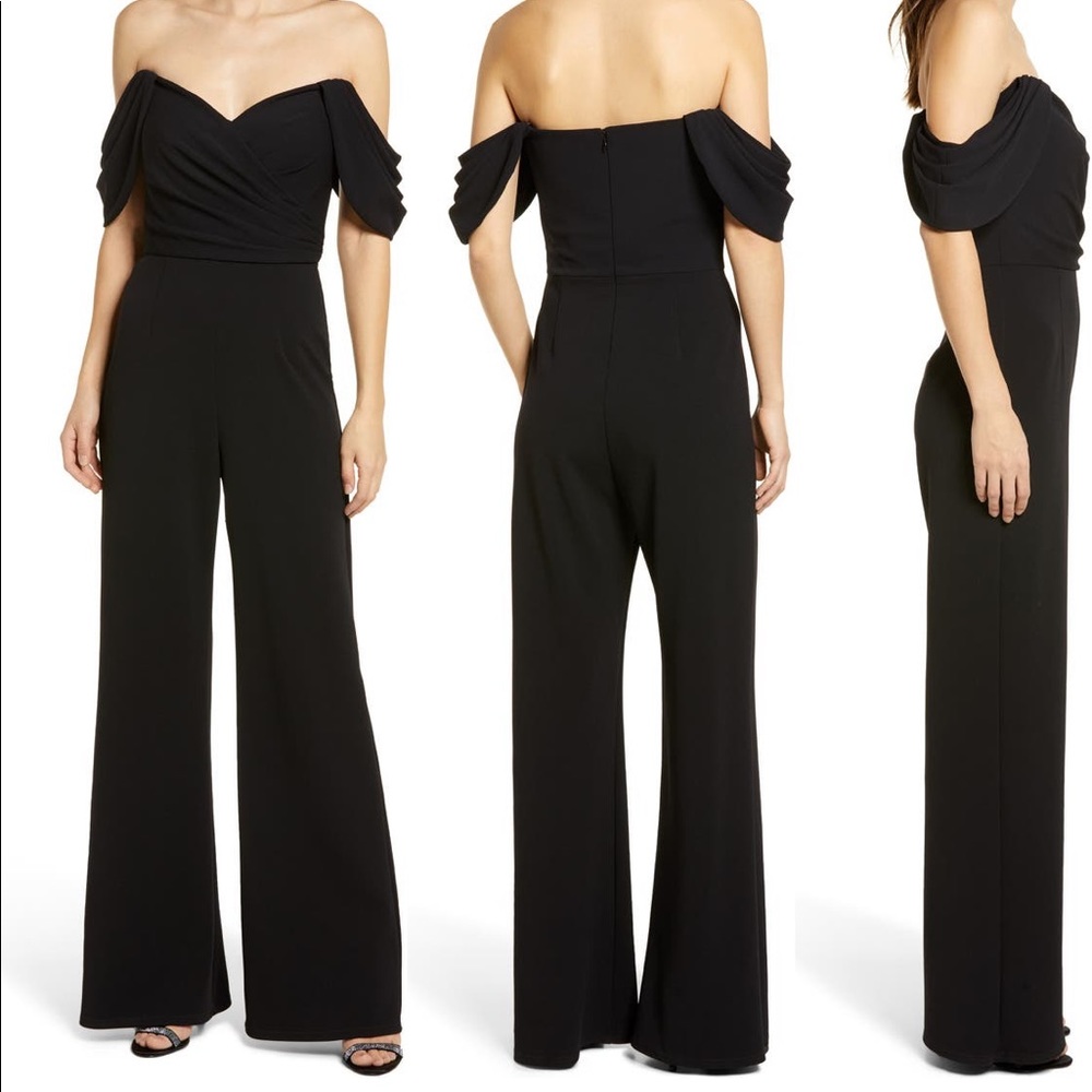 NWT Tadashi Shoji black off shoulder wide leg jumpsuit. Size L